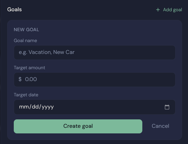 The new goal form in Envelop showing goal name, target amount, and target date fields