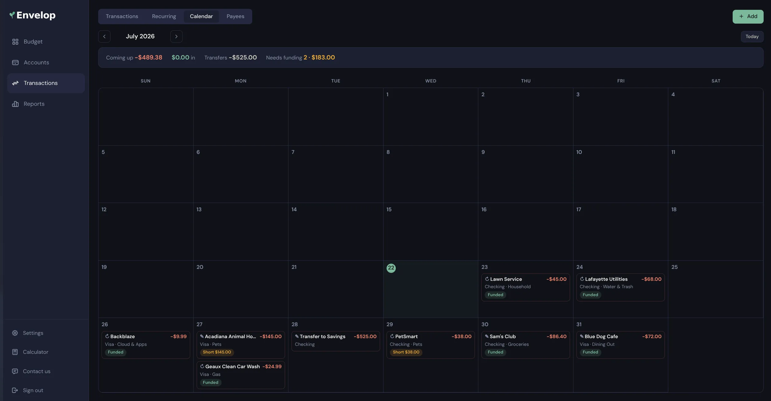 The Envelop calendar showing bills and paychecks laid out across a month