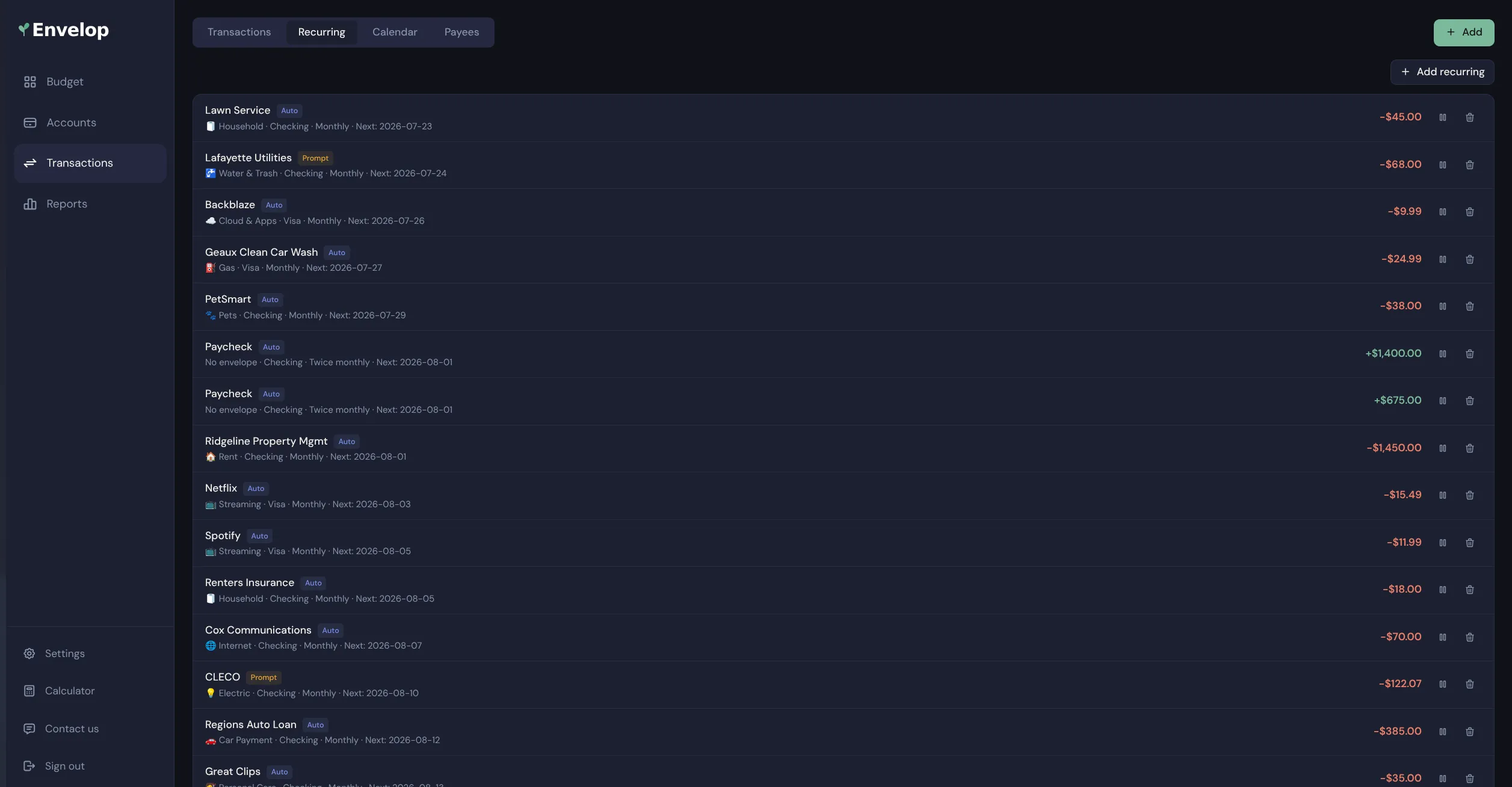 The Envelop recurring transactions screen listing scheduled bills and paychecks